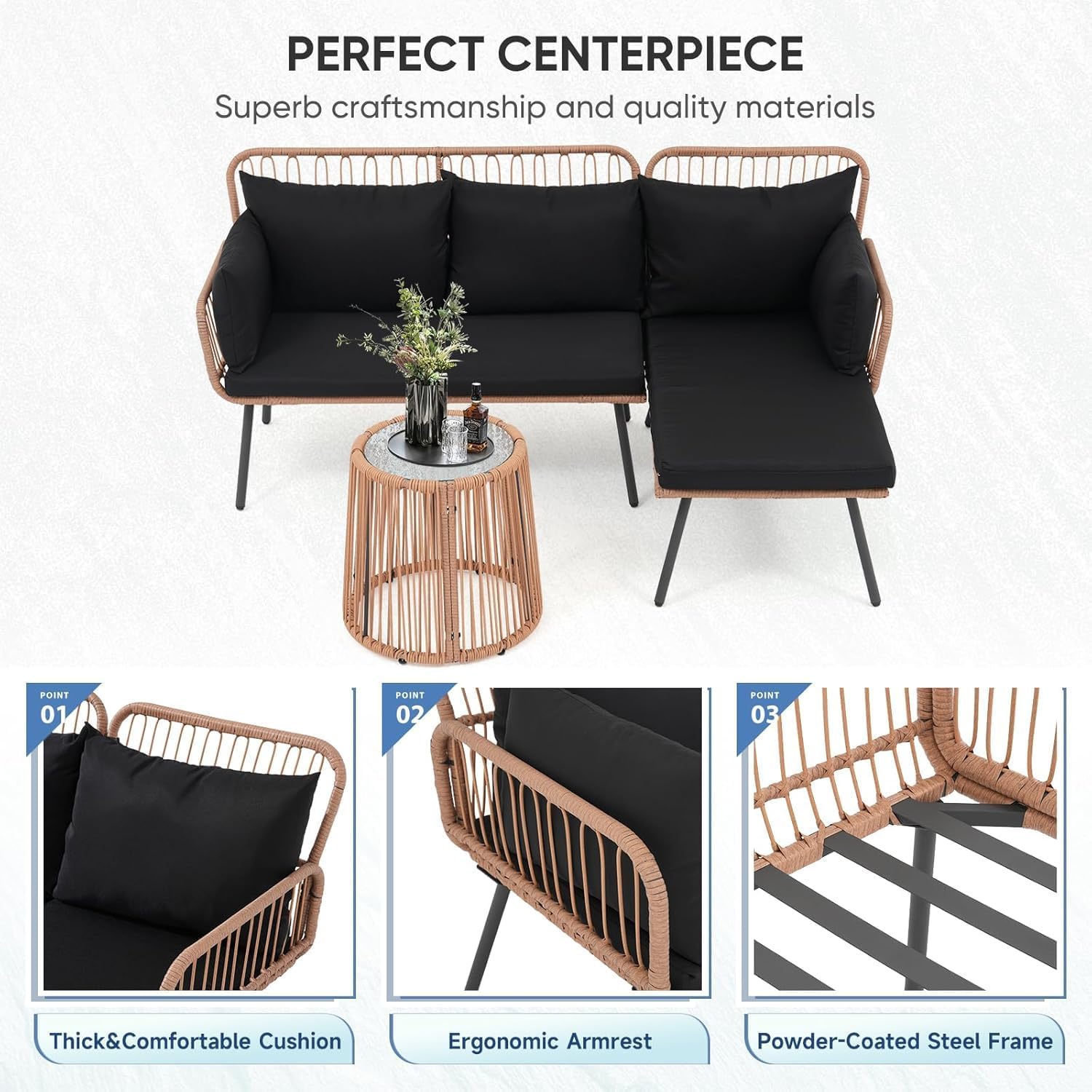 Verano Garden Outdoor Patio Furniture Set, 3 Piece Wicker Rattan Outdoor Balcony Furniture Set, L-Shaped Patio Conversation Sofa Set with Cushions and Round Glass Table (Black, 3PCS)