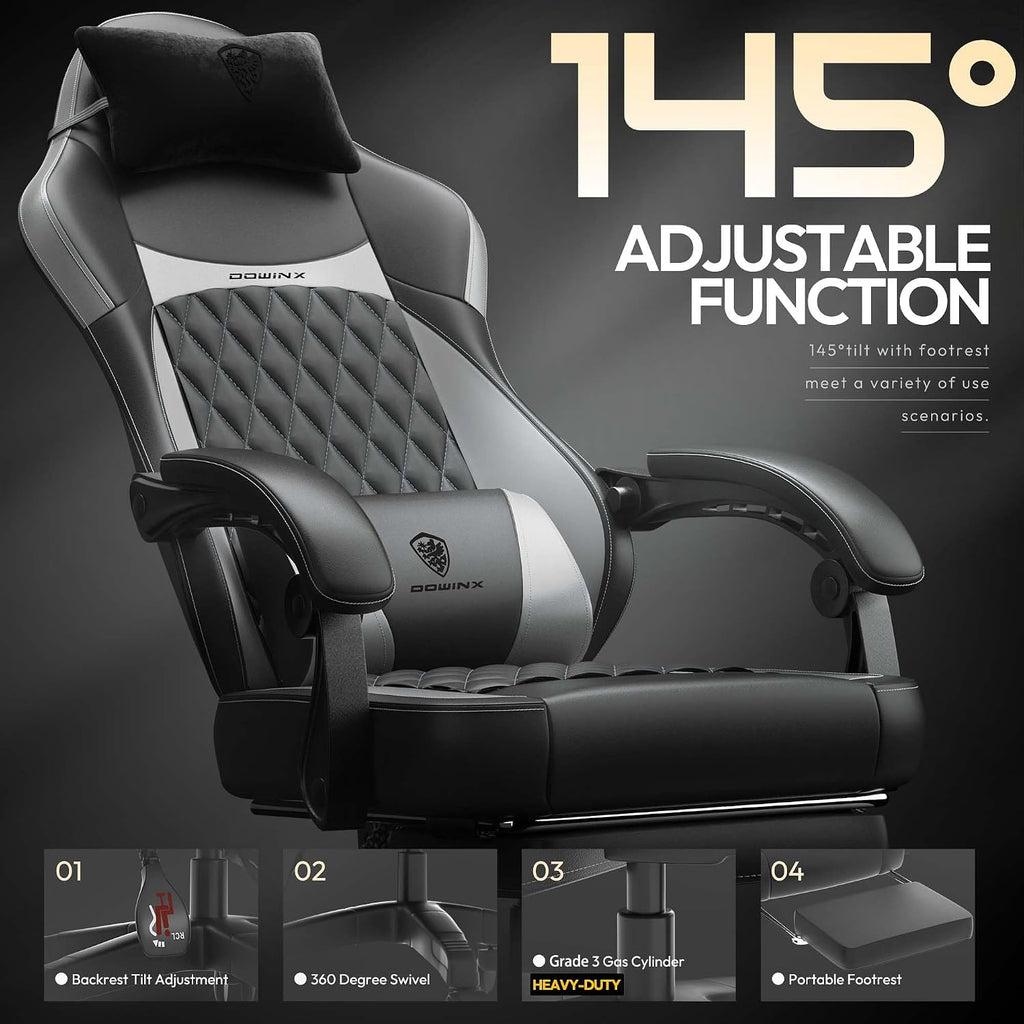 Dowinx Gaming Chair with Pocket Spring Cushion, Ergonomic Computer Chair with Massage Lumbar and Footrest for Adults, High Back Game Chair Leather for Office Gaming 300LBS, Grey New