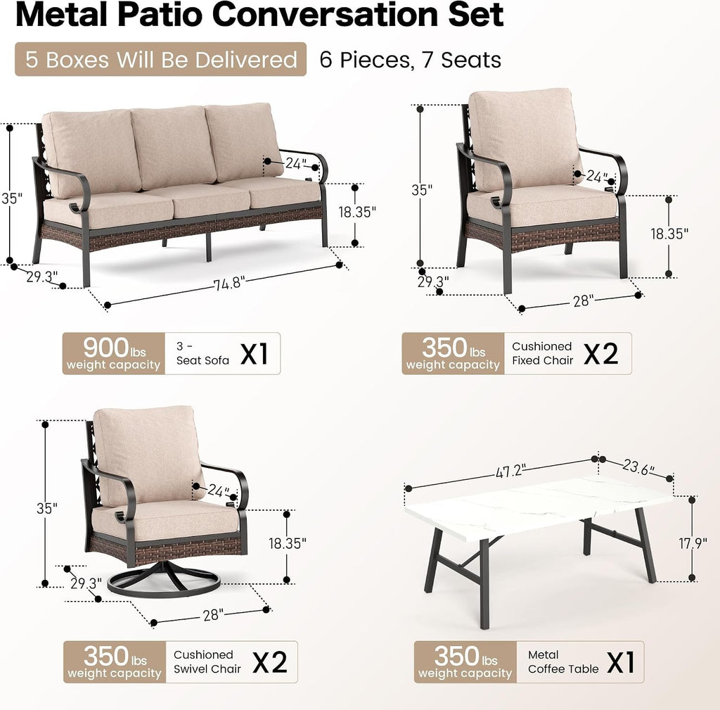 SUNSHINE VALLEY 6 Piece Metal Outdoor Patio Furniture Set, Patio Conversation Set with 3-Seater Couch, 2 Fixed Sofa, 2 Swivel Sofa (5.75' Thick Cushion) & Coffee Table Black Backyard Furniture, Beige