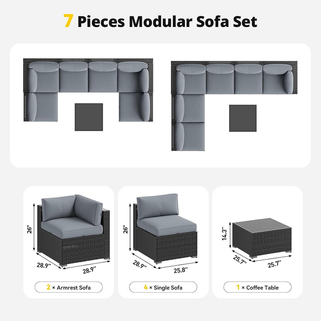 Aoxun Patio Furniture Set, 7 Piece Outdoor Sectional Sofas with Waterproof Cover, Wicker Rattan Outdoor Furniture Patio Conversation Set for Backyard, Garden Light Grey