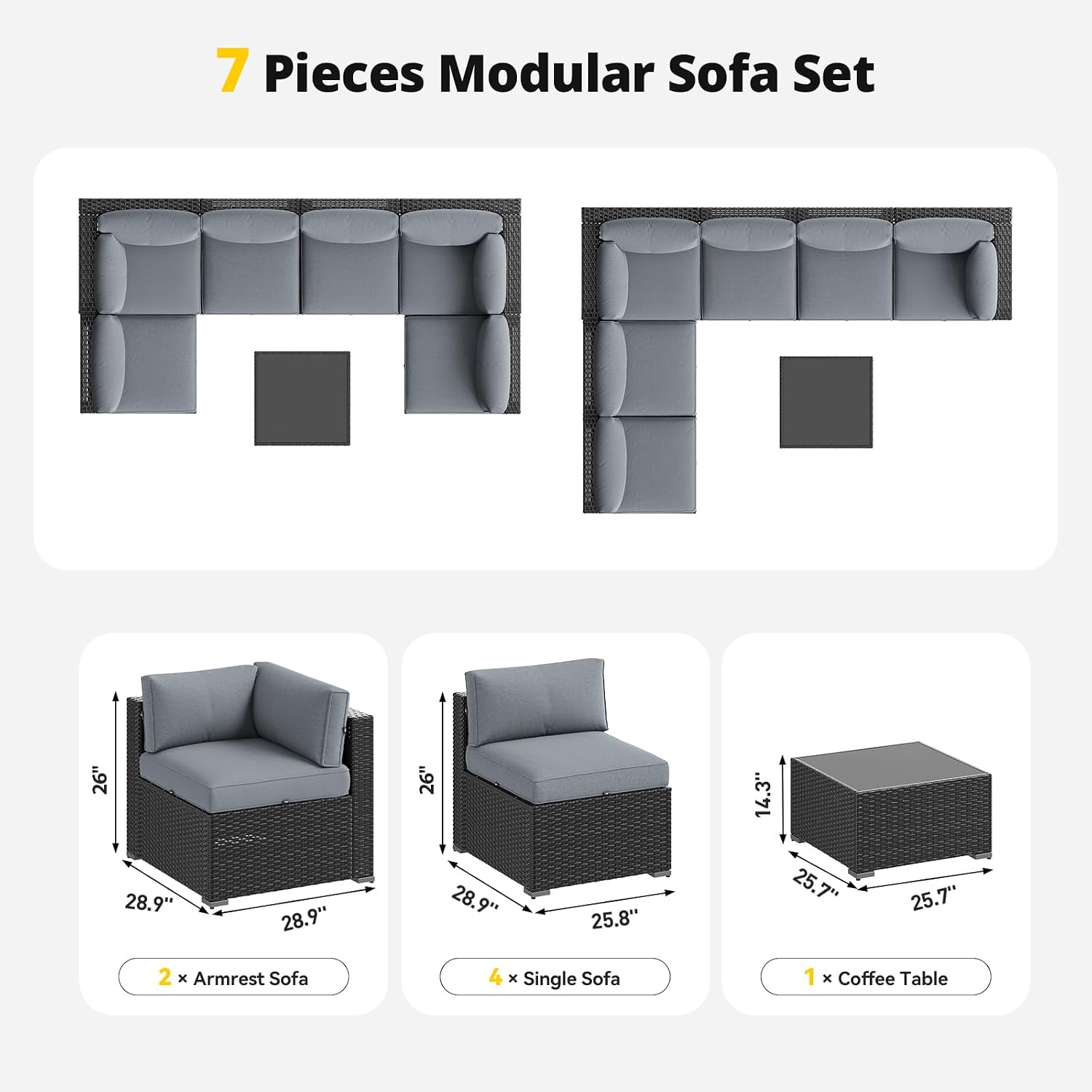 Aoxun Patio Furniture Set, 7 Piece Outdoor Sectional Sofas with Waterproof Cover, Wicker Rattan Outdoor Furniture Patio Conversation Set for Backyard, Garden Light Grey