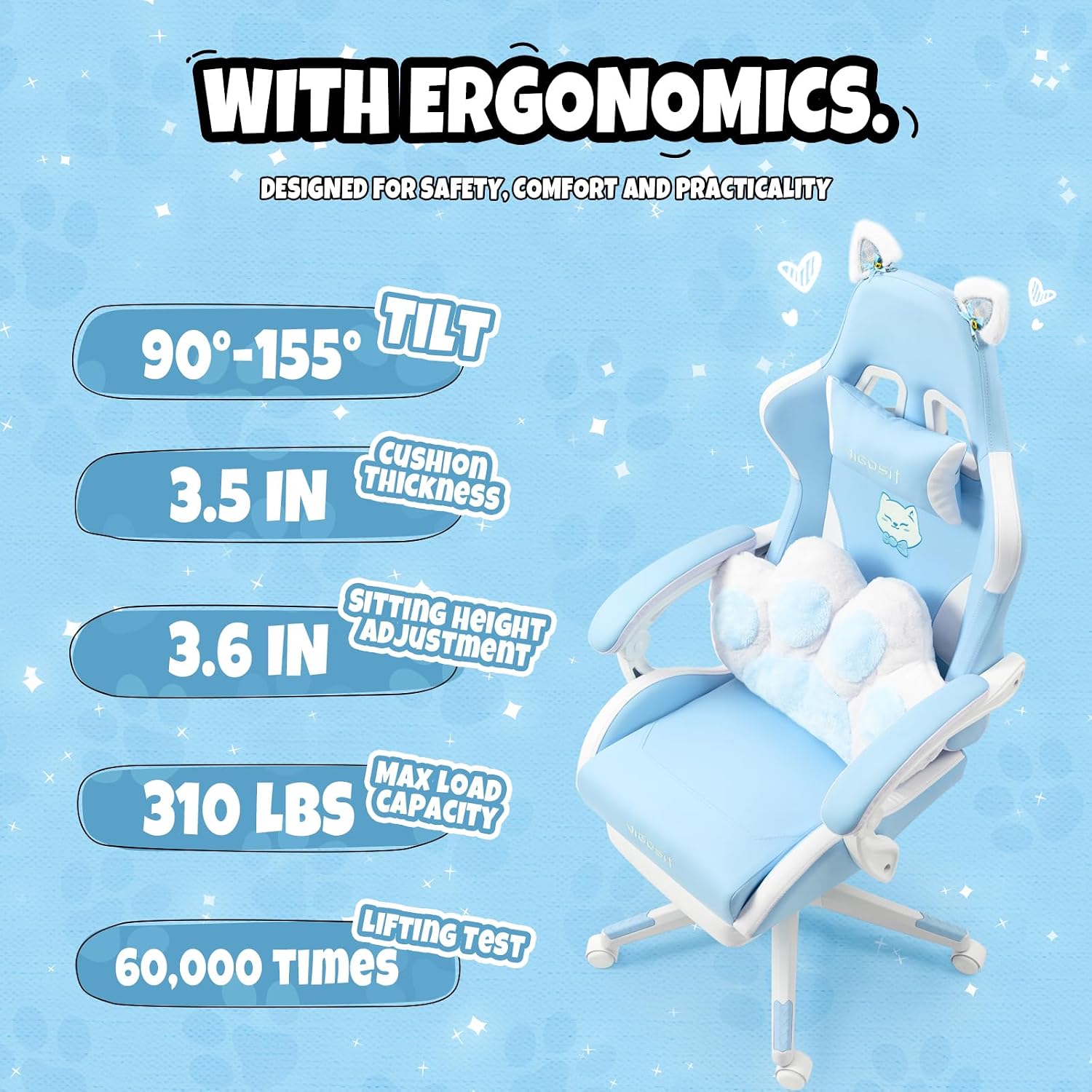 Vigosit Cat Ears Gaming Chair - Ergonomic PU Leather Office Chair, Cute Chair with Footrest for Adult 310lbs Capacity, 90°-155° Reclining paw Pillow, Blue