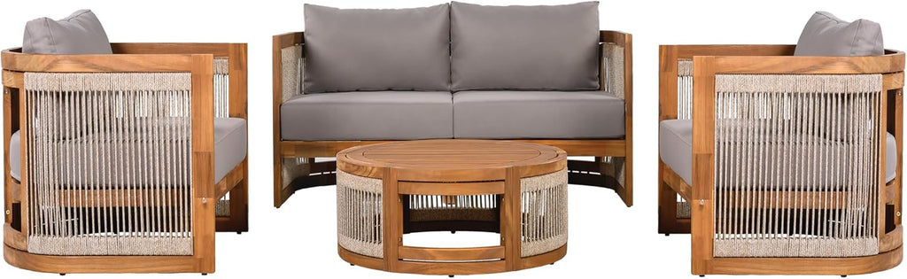 Christopher Knight Home Nesbit 4 Pieces Conversation Set, Acacia Wood Chat Set, Woven Rope Loveseat and Accent Chairs, Slat Panel Coffee Table, Patio Furniture Set for Backyard Balcony Garden, Gray