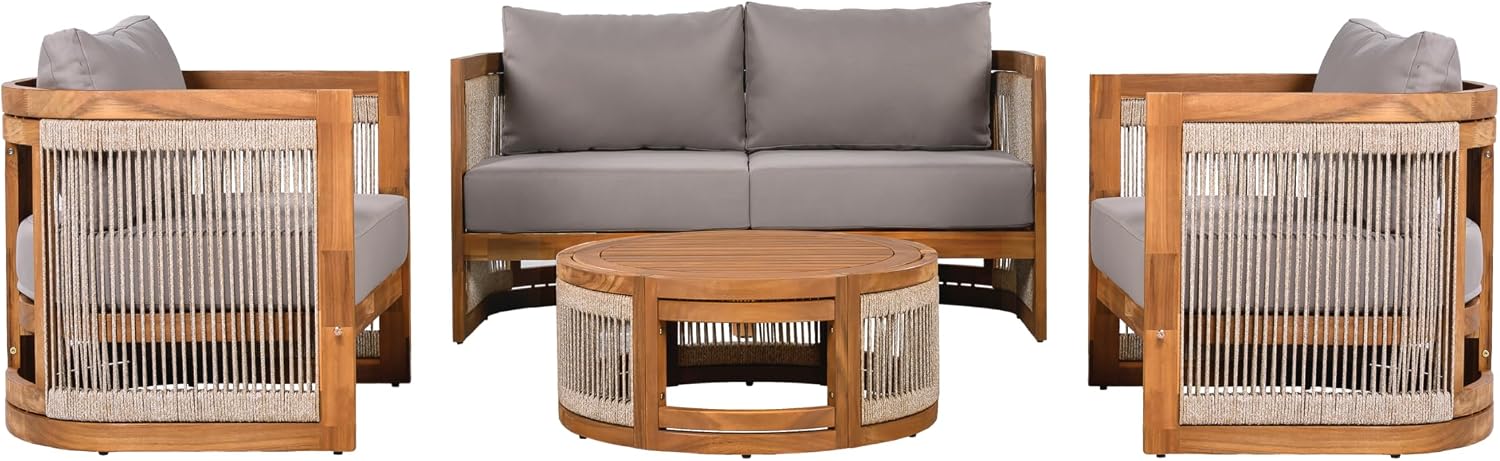 Christopher Knight Home Nesbit 4 Pieces Conversation Set, Acacia Wood Chat Set, Woven Rope Loveseat and Accent Chairs, Slat Panel Coffee Table, Patio Furniture Set for Backyard Balcony Garden, Gray