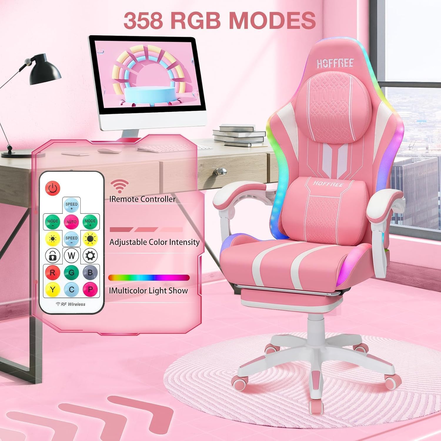 HOFFREE Pink Led Gaming Chair with Bluetooth Speakers Massage Gaming Chair with RGB Lights Big and Tall Gamer Chairs for 400lbs Heavy People High Back Computer Desk Chair with Footerst Pink and White