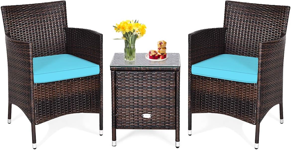 DORTALA Wicker Patio Furniture Set 3 Piece, Small Outdoor Table & Chairs Set with Cushions, All-Weather Rattan Conversation Bistro Set for Balcony, Porch, Backyard, Deck, Turquoise