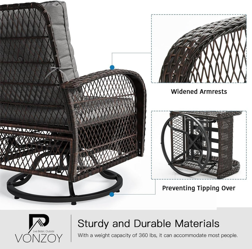 3 Pieces Patio Furniture Set, Outdoor Swivel Glider Rocker, Wicker Patio Bistro Set with Rocking Chair, Thickened Cushions and Table for Porch (Grey)
