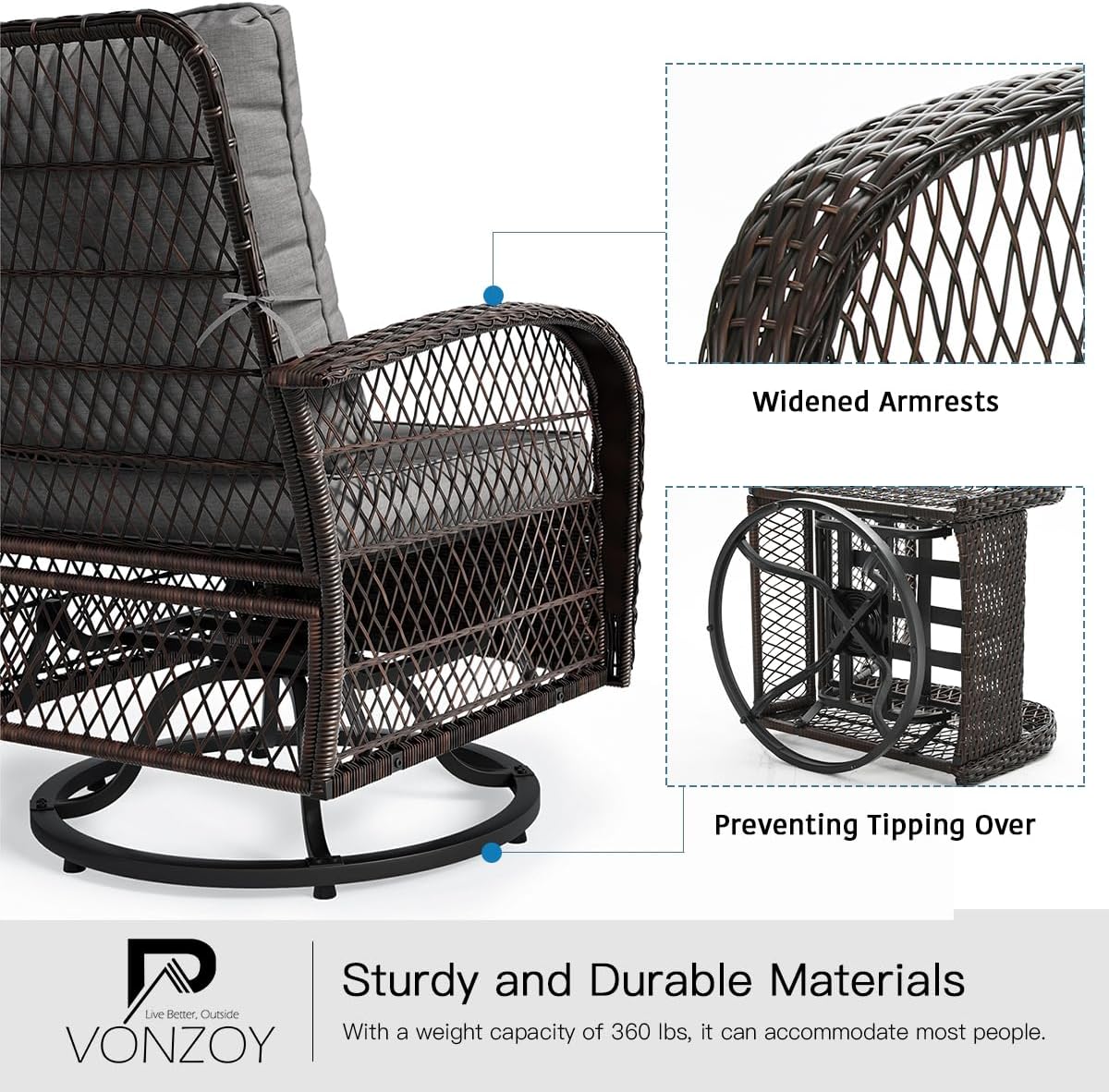 3 Pieces Patio Furniture Set, Outdoor Swivel Glider Rocker, Wicker Patio Bistro Set with Rocking Chair, Thickened Cushions and Table for Porch (Grey)