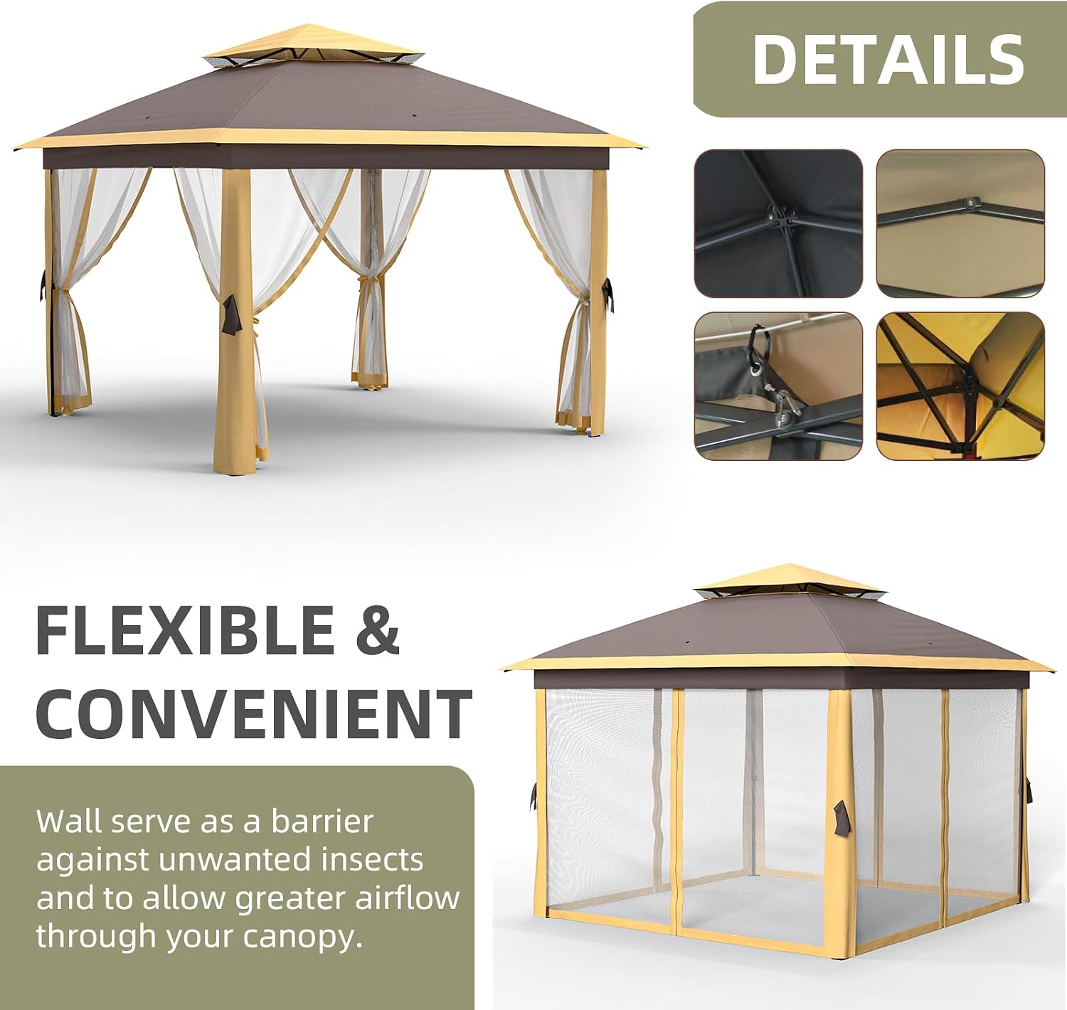11x11 FT Outdoor Gazebo, Heavy Duty Pavilion With Sturdy Metal Frame & Double Roofs, Patio Shelter With Mosquito Netting, Ideal for Backyard, Garden, Lawn, Deck, Khaki/Brown