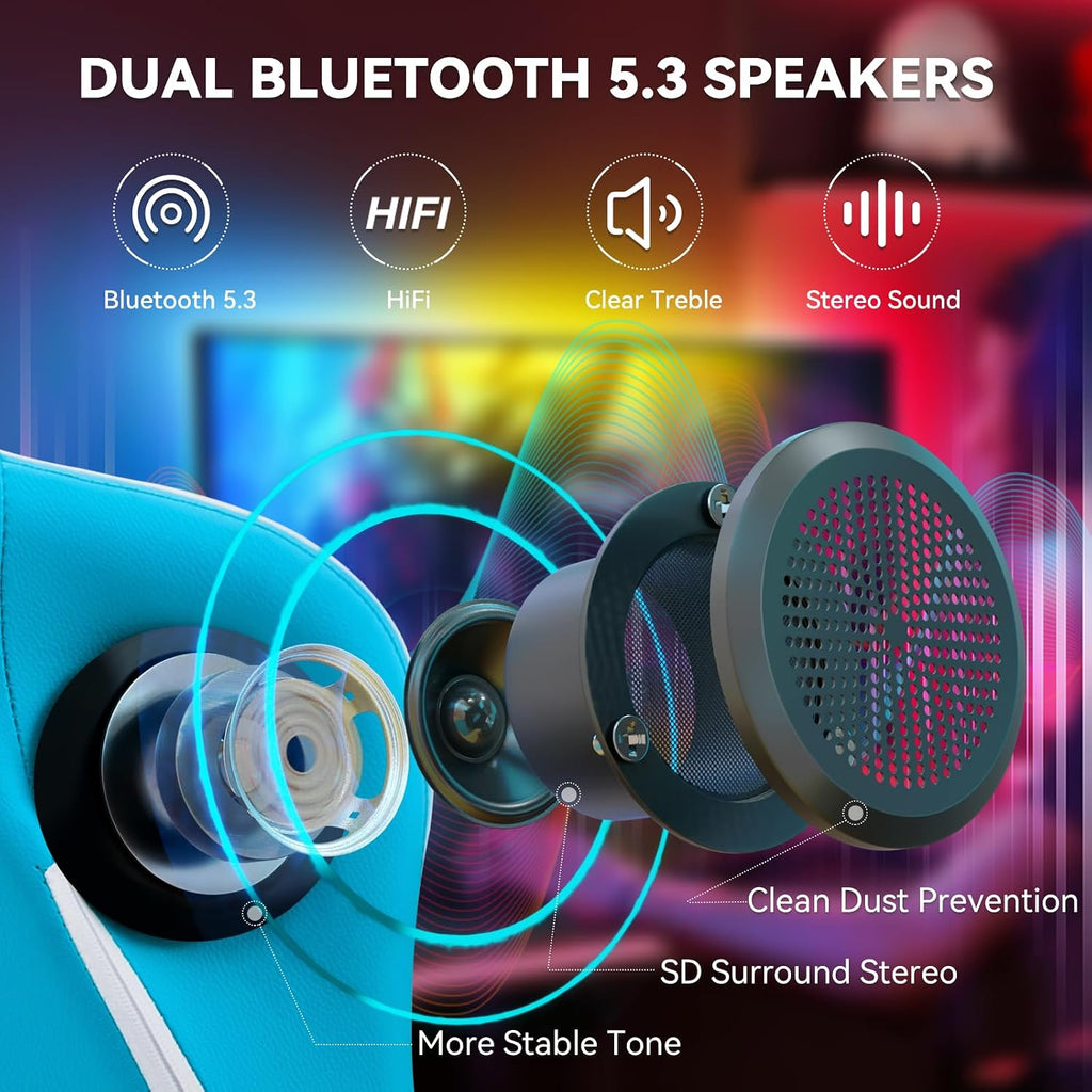 HOFFREE Gaming Chair with Speakers Massage Computer Gaming Chair with Pocket Spring Cushion for Adults Reclining Gamer Chair with Bluetooth Video Game Chairs with Footrest Sky Blue and White