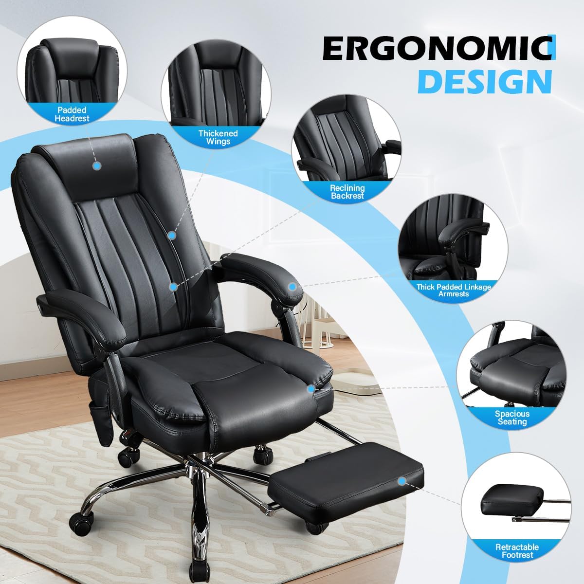 Massage Office Chair with Foot Rest,6 Points Vibration and Heat Ergonomic Executive Desk Chair for Heavy People,500lbs Big and Tall Office Chairs with Reclining High Back for Home Office