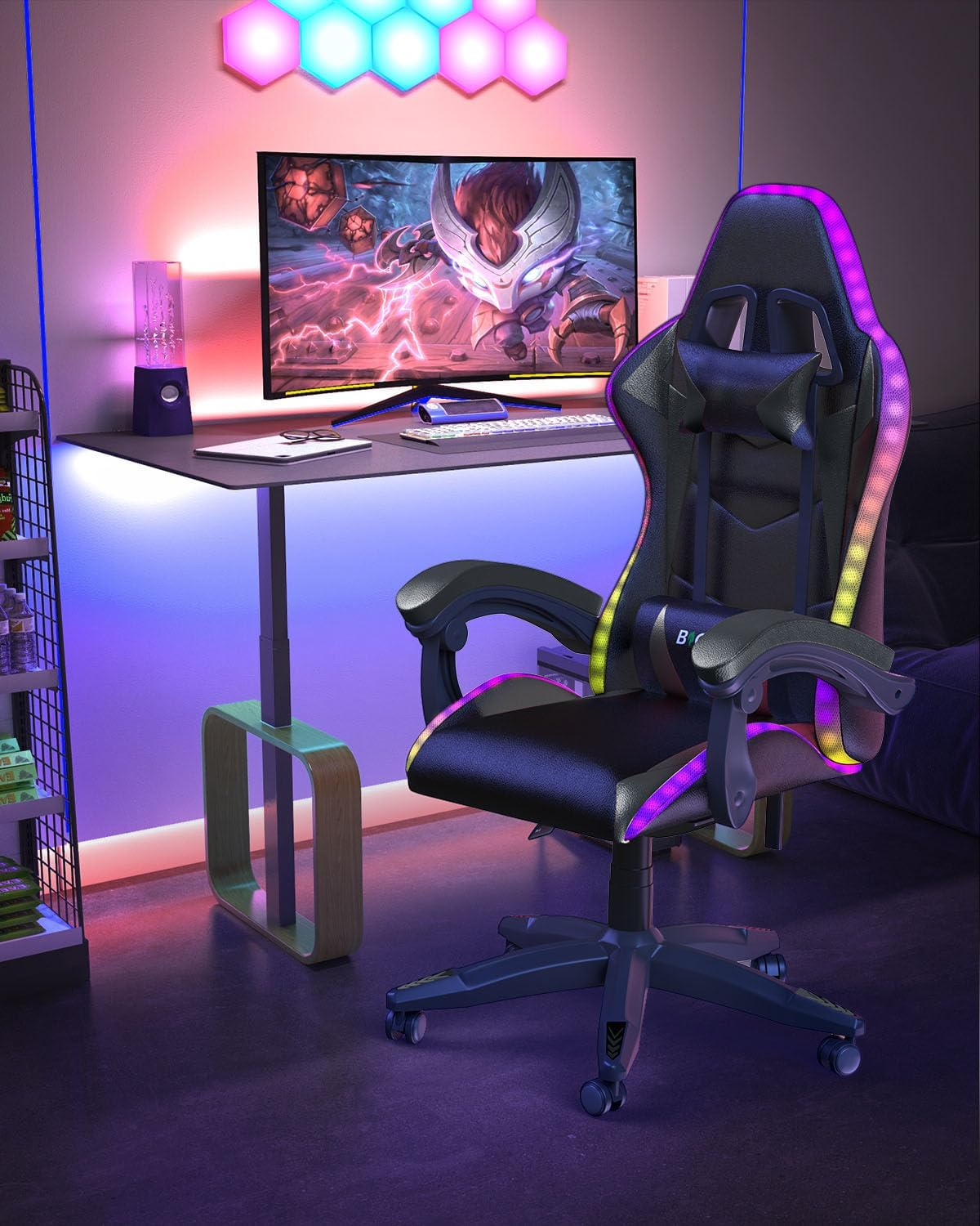 Racingreat Gaming Chair with RGB LED Lights, Ergonomic Computer Chair with Headrest and Lumbar Support, PU Leather High Back Height Adjustable Swivel Video Game Chairs for Adults(Black)