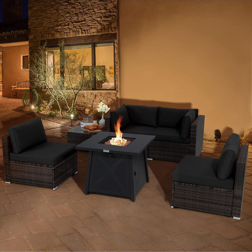 Tangkula 6-Piece Patio Furniture Set with 30' Propane Fire Pit Table, Outdoor PE Wicker Conversation Set with Cushions and Tempered Glass Coffee Table, Gas Fire Pit Table with 50,000 BTU (Black)