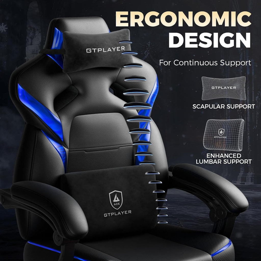 GTPLAYER Big and Tall Gaming Chair for Adults, Ergonomic Office Chair with Footrest, Heavy Duty 350 lbs Capacity, High Back, Premium Leather & Iridescent Trim, ACE-Armor, Black & Blue