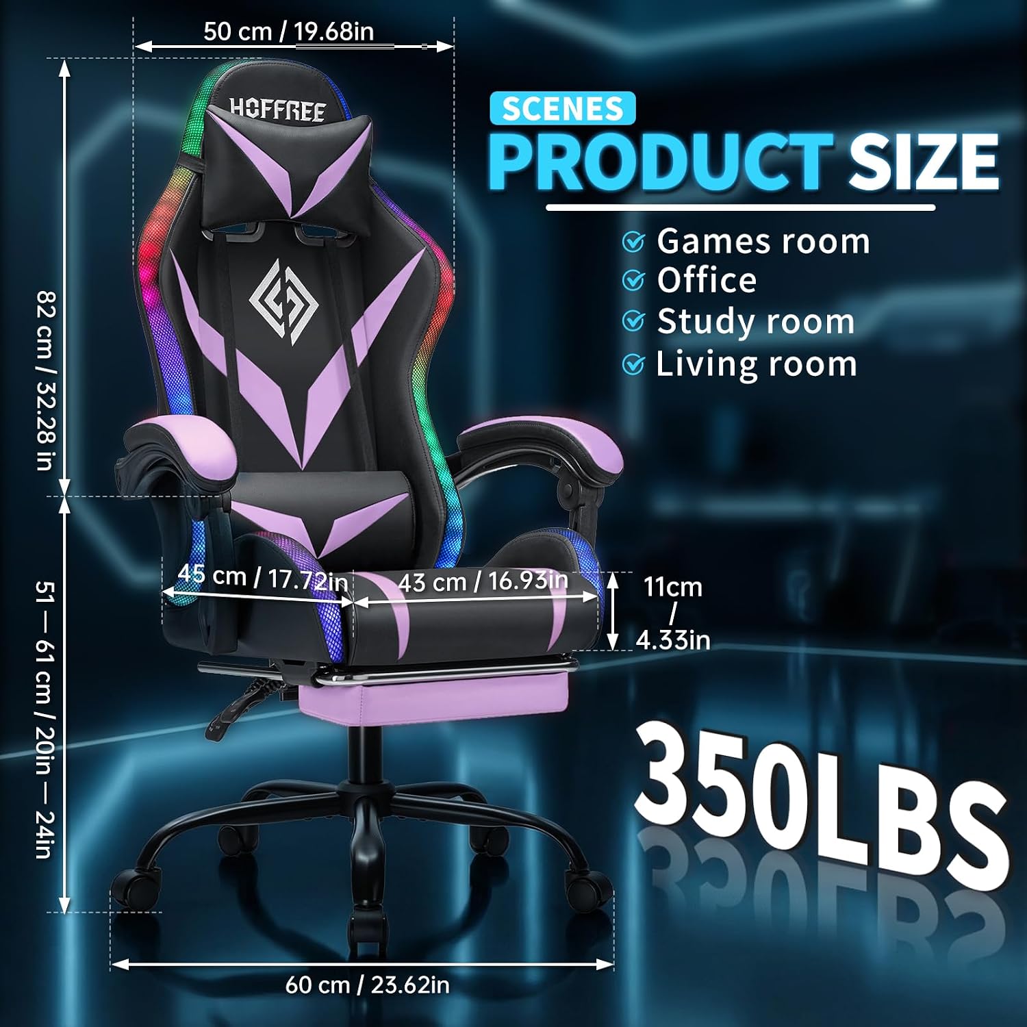 Gaming Chair with Bluetooth Speakers and RGB LED Lights Ergonomic Massage Computer Gaming Chair with Footrest Video Game Chair High Back with Lumbar Support Purple and Black