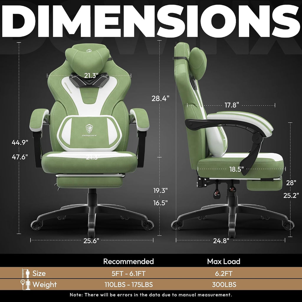 Dowinx Fabric Gaming Chair with Footrest,Big and Tall Game Chair for Heavy People, Gamer Chair with Massage Lumbar Support,Ergonomic Computer Gaming Chair for Adults, Fabric Green