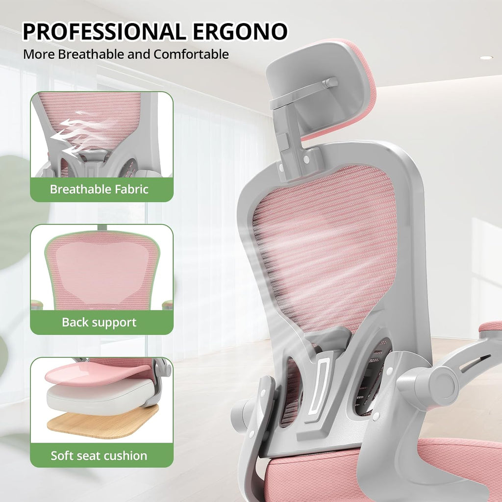Office Chair Ergonomic Desk Chair, 330LBS Capacity, High Back Computer Design for Long Hours Comfort, Rolling Swivel Executive Task for Home Office with Flip-up Armrests, Grey Pink