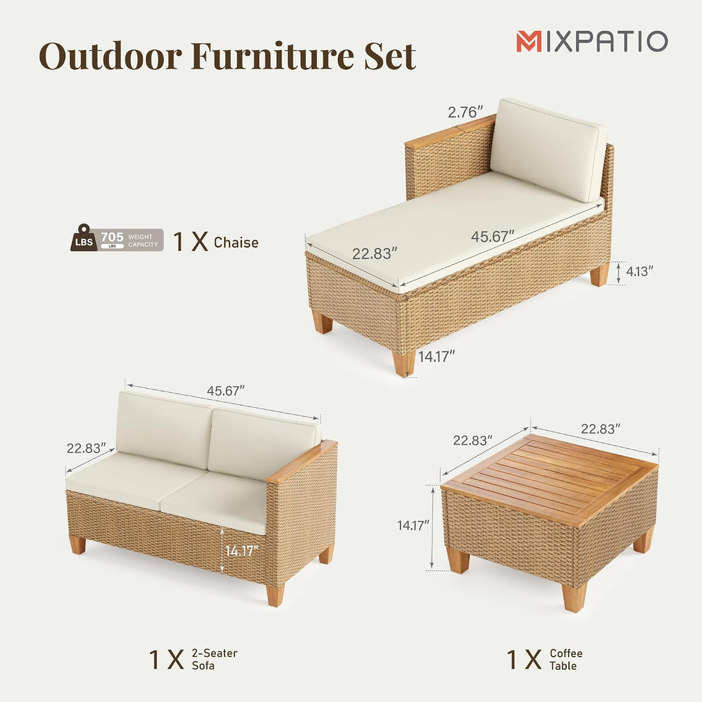 MIXPATIO Wicker Outdoor Patio Furniture Set 3 Pieces Patio Chaise Longue Conversation Set, Rattan L-Shaped Sofa Couch with Acacia Wood Coffee Table for Deck Porch and Garden