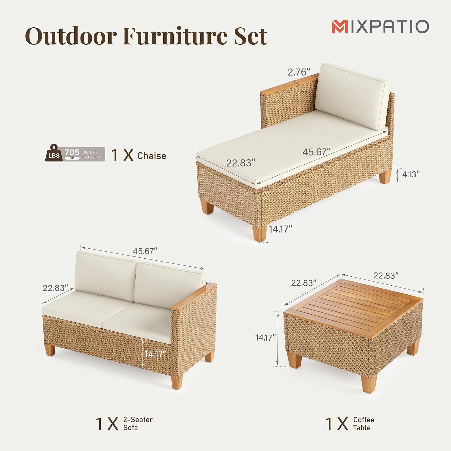 MIXPATIO Wicker Outdoor Patio Furniture Set 3 Pieces Patio Chaise Longue Conversation Set, Rattan L-Shaped Sofa Couch with Acacia Wood Coffee Table for Deck Porch and Garden
