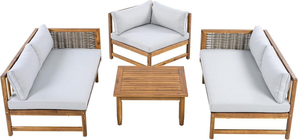 Christopher Knight Home Tenntt 5-Seater Acacia Wood Patio Furniture Set, Outdoor Conversation Sofa Chat Set with Coffee Table, Wicker Arm, Sectional Seating Group for Backyard Balcony, Teak+Light Gray
