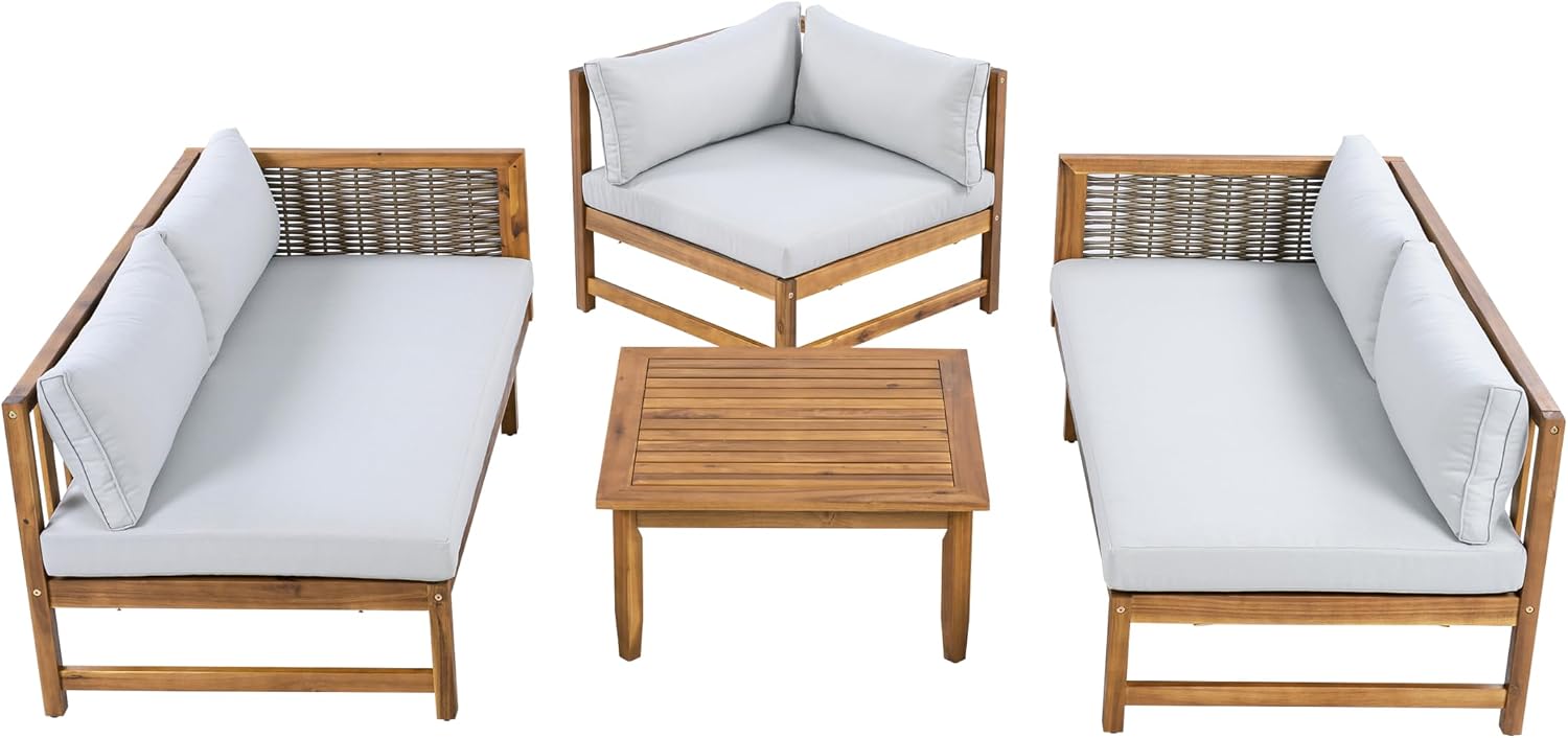 Christopher Knight Home Tenntt 5-Seater Acacia Wood Patio Furniture Set, Outdoor Conversation Sofa Chat Set with Coffee Table, Wicker Arm, Sectional Seating Group for Backyard Balcony, Teak+Light Gray