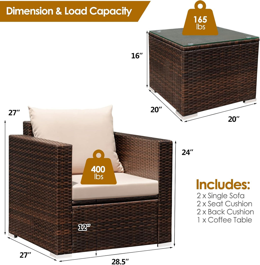 COSTWAY 3-Piece Patio Furniture Set, Outdoor Wicker Rattan Sofa with Cushions and Coffee Table with Tempered Glass, Modern Conversation Chair Set for Poolside Backyard Balcony Lawn (Beige)