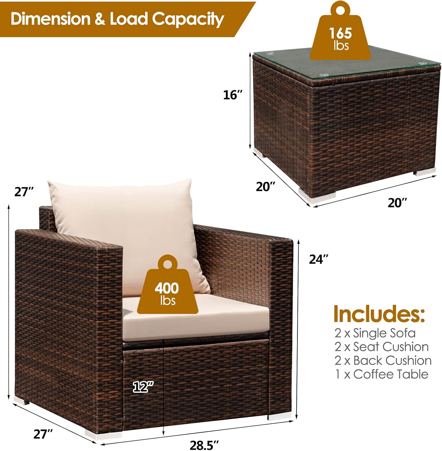 COSTWAY 3-Piece Patio Furniture Set, Outdoor Wicker Rattan Sofa with Cushions and Coffee Table with Tempered Glass, Modern Conversation Chair Set for Poolside Backyard Balcony Lawn (Beige)