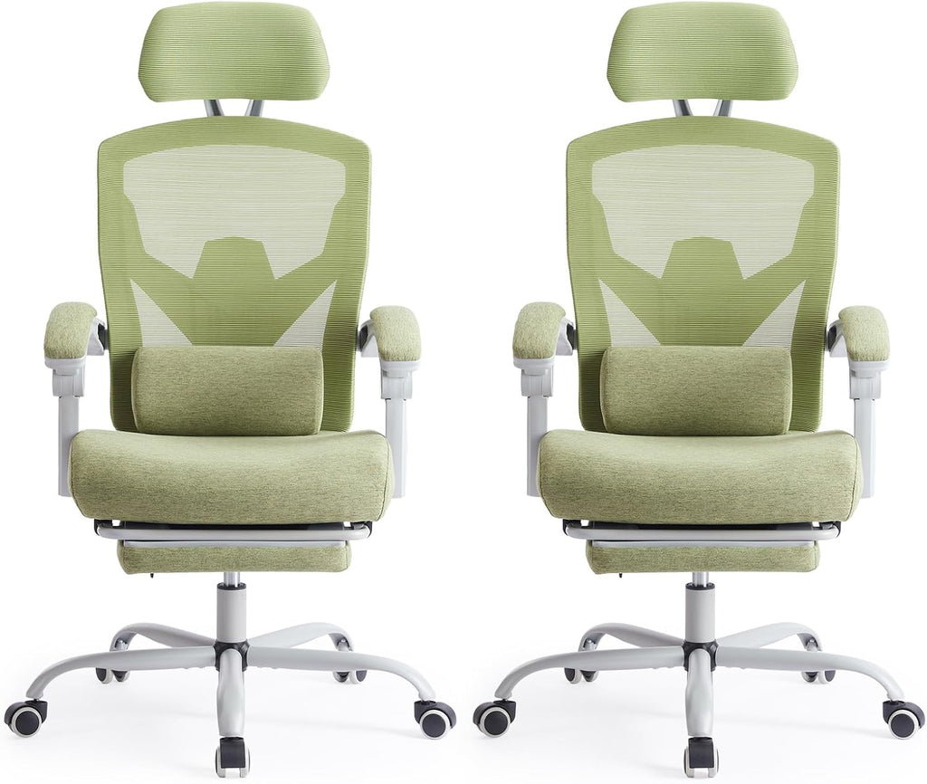 Sweetcrispy Office Computer Desk Chair Set of 2, Ergonomic High-Back Mesh Rolling Work Swivel Chairs with Wheels, Comfortable Lumbar Support, Comfy Arms for Home, Bedroom, Study, Student, Green