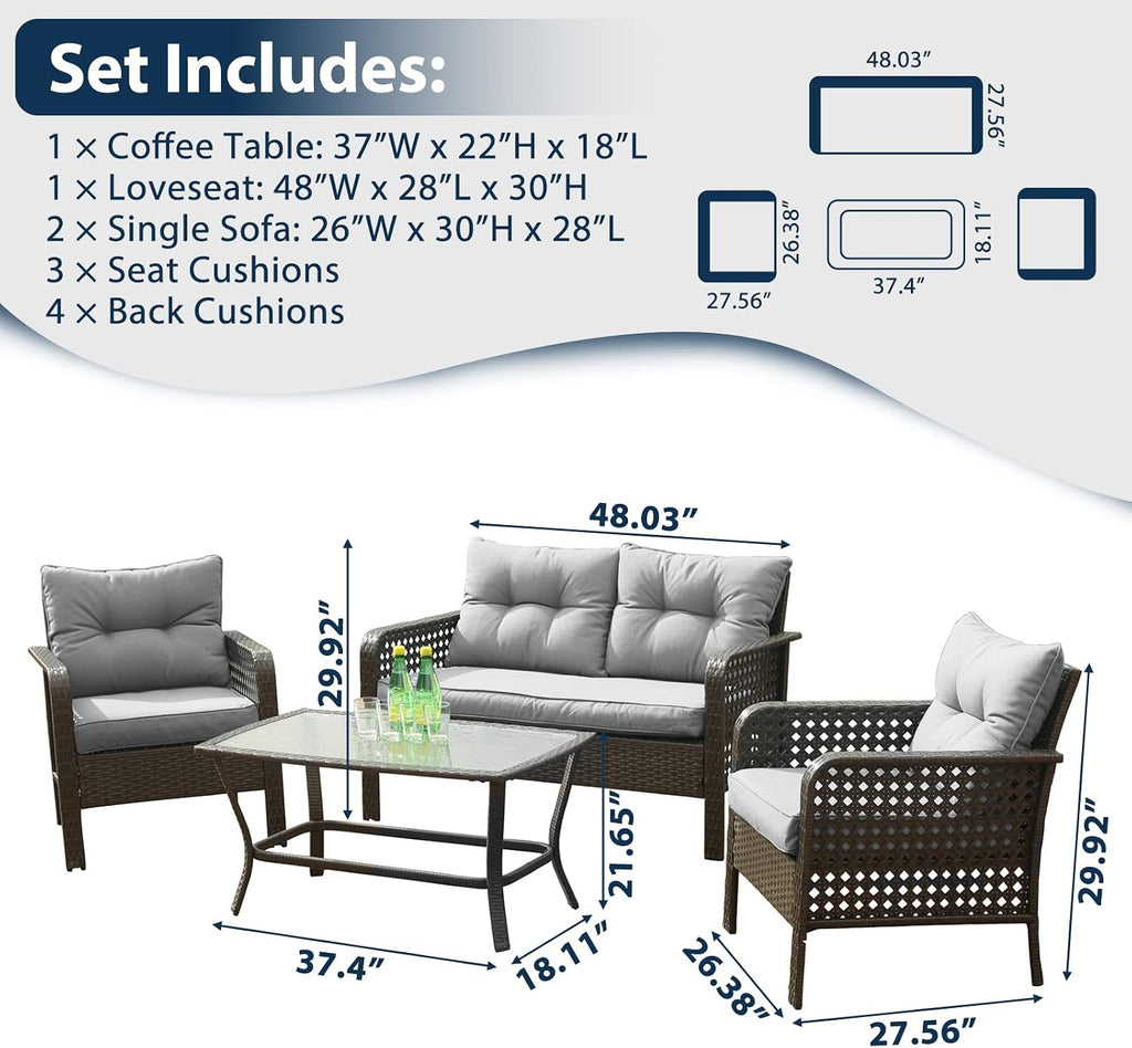 Lepdep Patio Furniture Set Outdoor Furniture - 4 Pieces Wicker Patio Conversation Sets with Loveseat, Rattan Seating Outside Patio Set Coffee Table Chair for Lawn, Deck, Balcony, Backyard. (Grey)