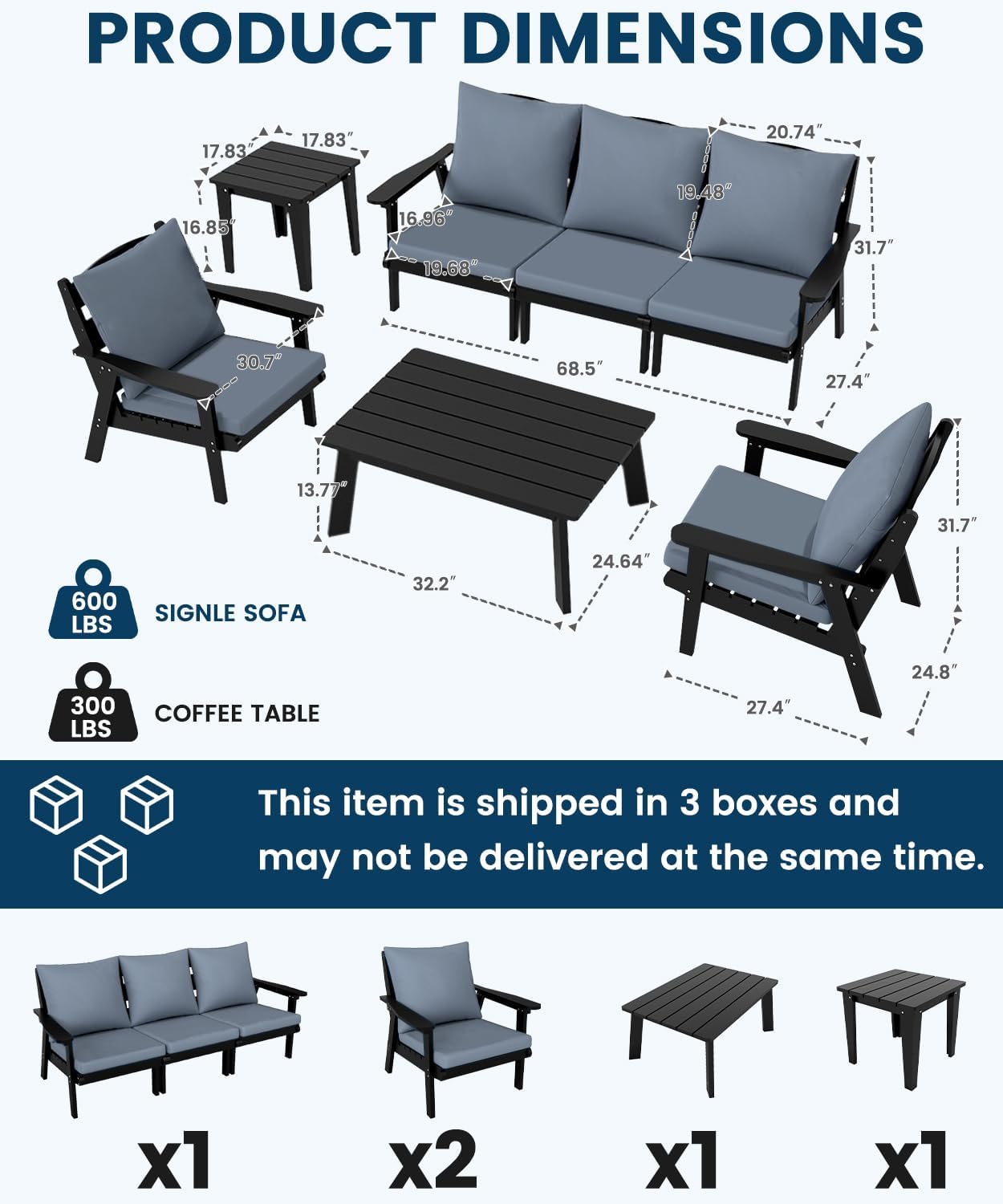 FOOWIN 7-Piece Patio Furniture Set, HDPE All-Weather Outdoor Conversation Set with Thick Cushions, Sectional Patio Sofa Furniture for Deck, Porch, Lawn, Garden, Black Frame & Grey Cushion