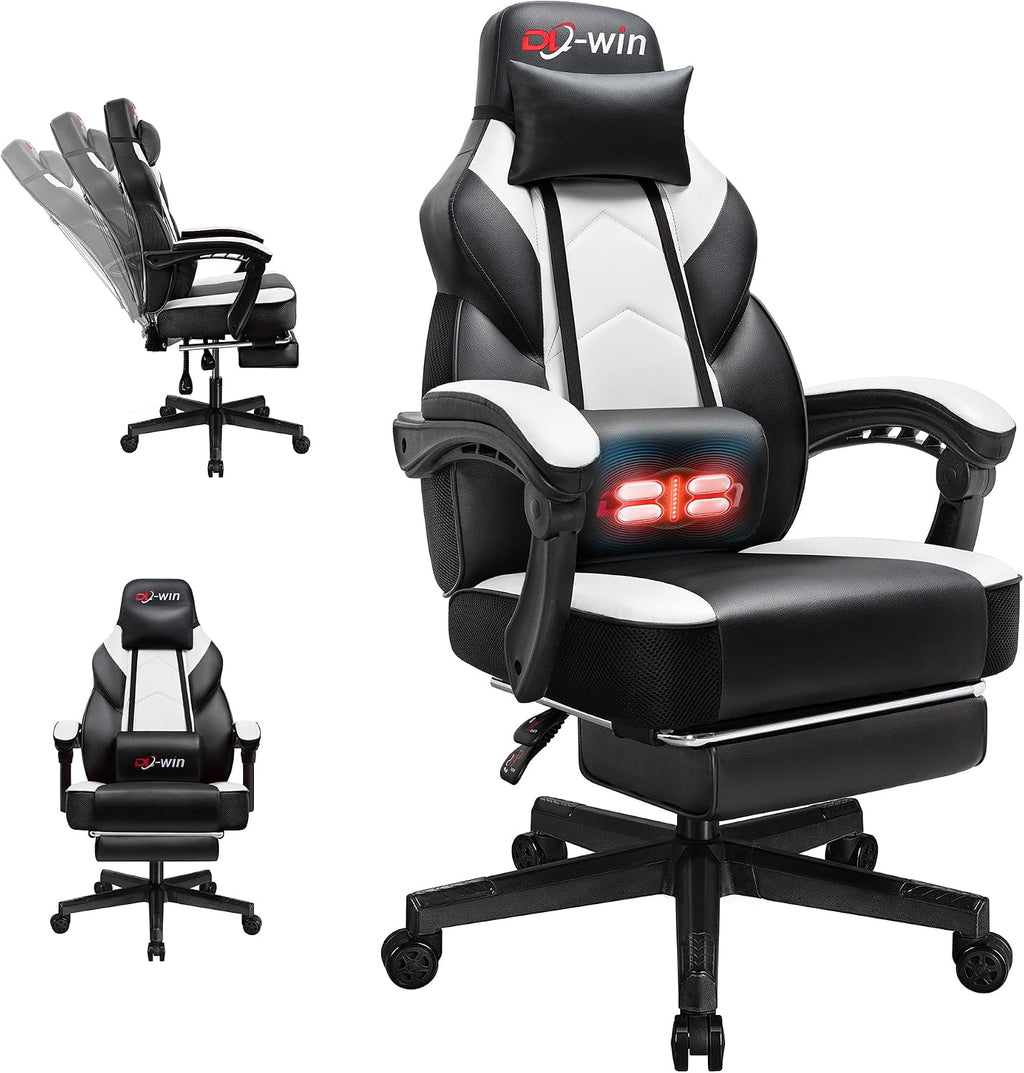 DL-win Video Gaming Chair for Adults, Computer Chair with Footrest and Ergonomic High Back, Big and Tall Gamer Chair with Massage Lumbar Support, 360° Swivel Height Adjustable Computer Chair, White