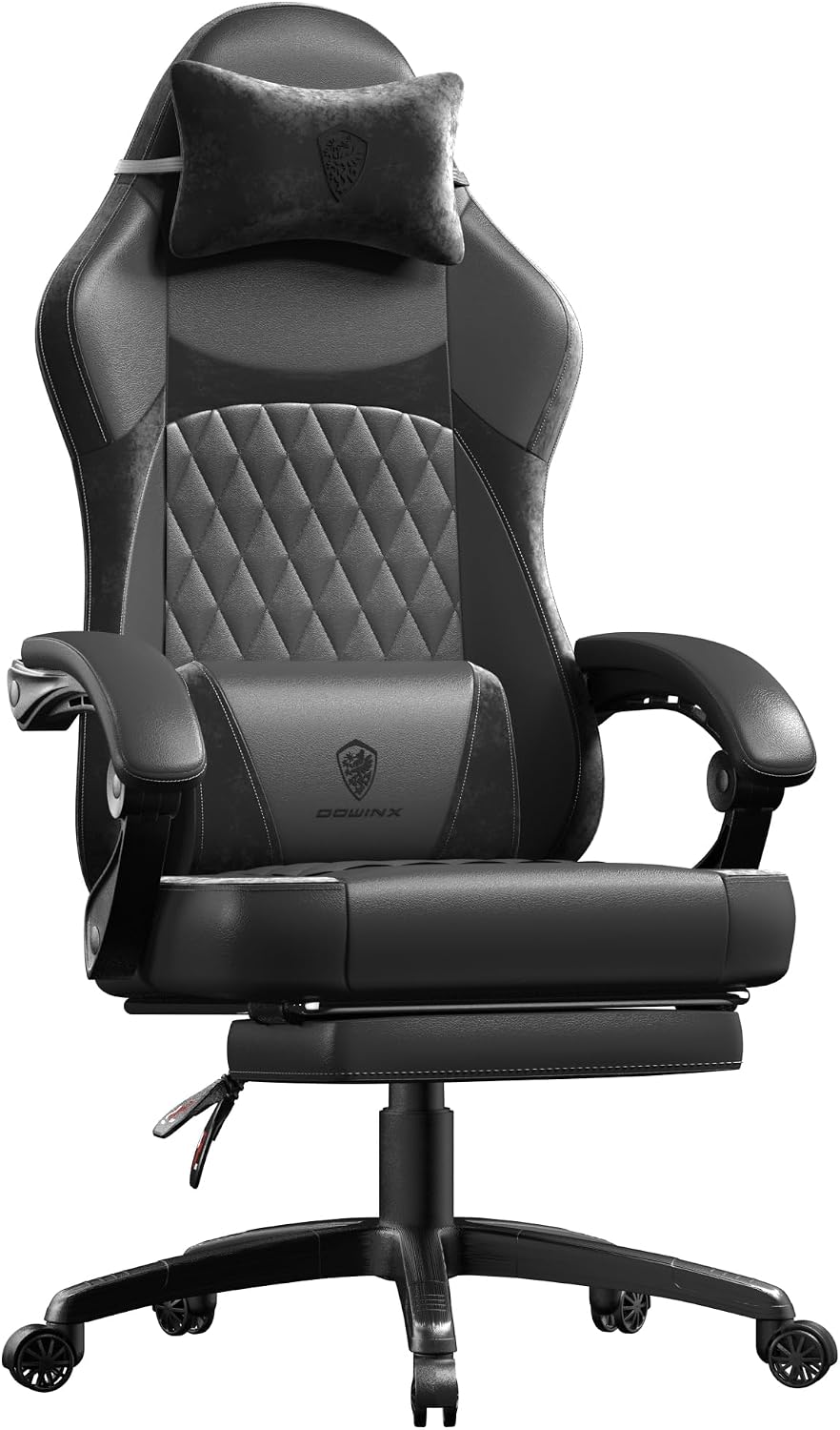 Dowinx Gaming Chair with Pocket Spring Cushion, Ergonomic Computer Chair with Massage Lumbar and Footrest for Adults, High Back Game Chair Leather for Office Gaming 300LBS, All White (Black)