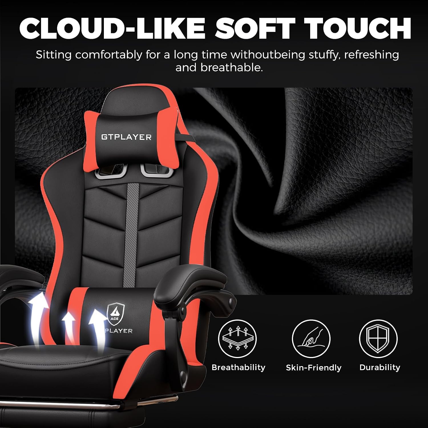 GTPLAYER Gaming Chair, Ergonomic Game Computer Chairs with Foot Rest for Adults, Adjustable PC Game Chair with Reclining Function and Comfortable Headrest for Home and Office Use (RED)