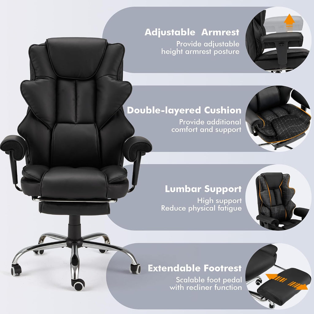 HOMREST 6-Point Massage Office Chair,Heating Executive Chairs,Ergonomic Home Office Desk Chairs with Retractable Footrest and Reclining Function,Leather Computer Chair with Adjustable Armrest(Black)