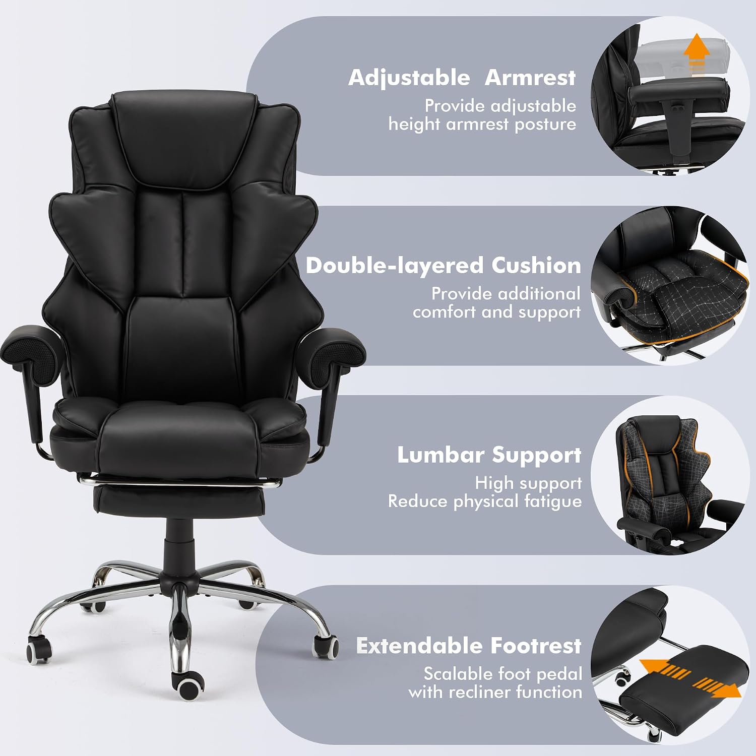 HOMREST 6-Point Massage Office Chair,Heating Executive Chairs,Ergonomic Home Office Desk Chairs with Retractable Footrest and Reclining Function,Leather Computer Chair with Adjustable Armrest(Black)