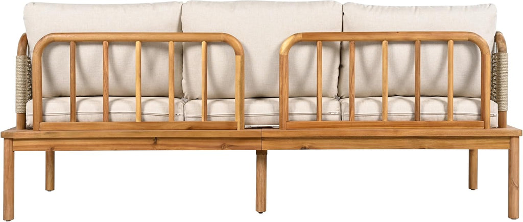 Acacia Wood Patio Multi-Person Sofa Set with Coffee Table and Removable Cushion, All-Weather Conversation Set Outdoor Seating for Garden Backyard Poolside Balcony (Teak+Beige-4PCS)