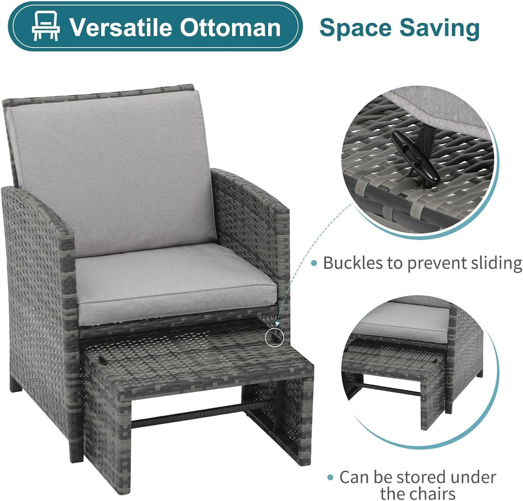 OC Orange-Casual 5 Piece Patio Furniture Set, Wicker Outdoor Conversation Chair and Ottoman Set with Coffee Table, Pillows Included, for Balcony, Porch, Deck, Light Grey