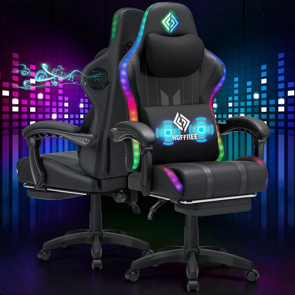 HOFFREE Gaming Chair with Music Rhythm RGB LED Lights and Bluetooth Speakers Ergonomic Massage Computer Gaming Chair with Footrest Video Game Chair High Back with Lumbar Support Grey and Black