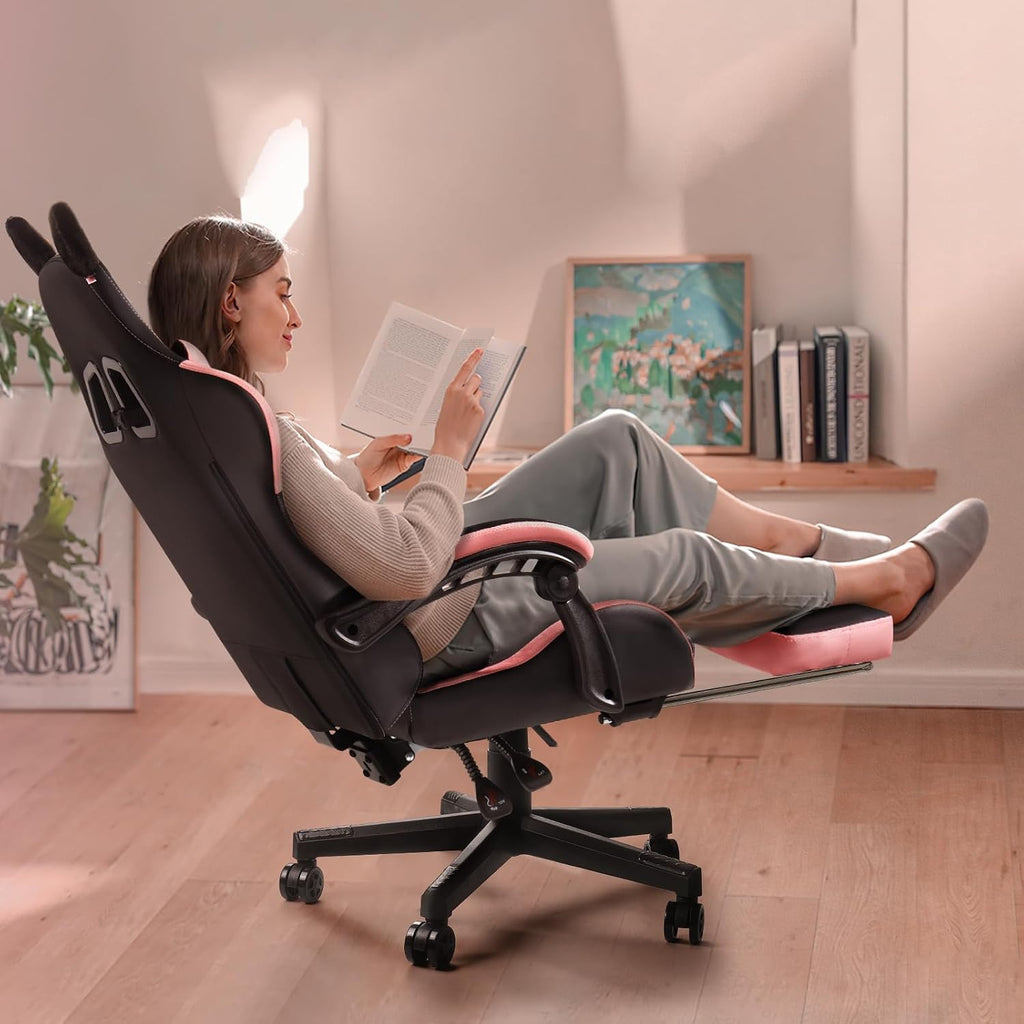 PUKAMI Gaming Chair with Cat Ears,Cute Computer Chair for Girl with Footrest,Ergonomic Gamer Chair, Kawaii Gaming Chair, Game Chair (Light Black)