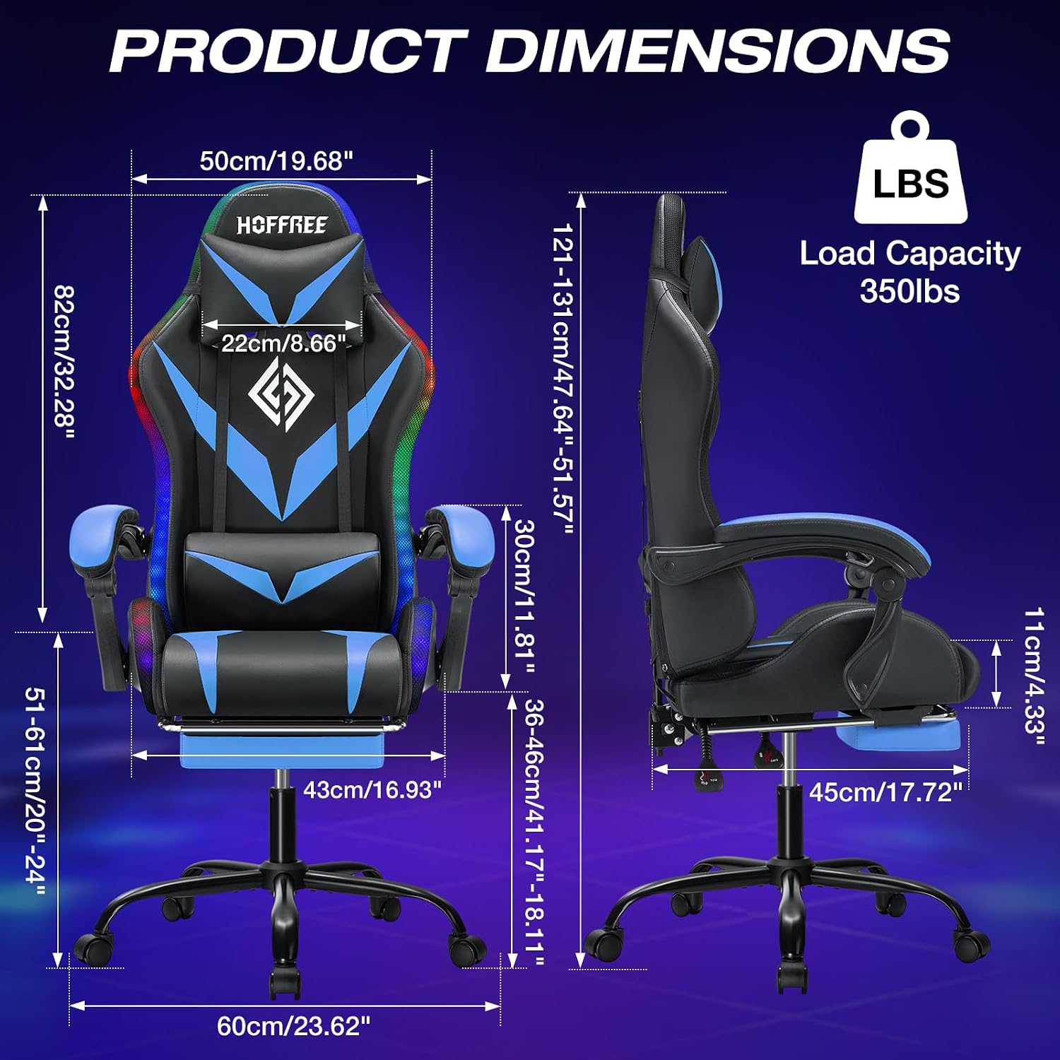HOFFREE Gaming Chair with LED RGB Lights Massage Video Gamer Chairs with Footrest Ergonomic High Back Reclining Computer Chair with Adjustable Lumbar Support Blue and Black