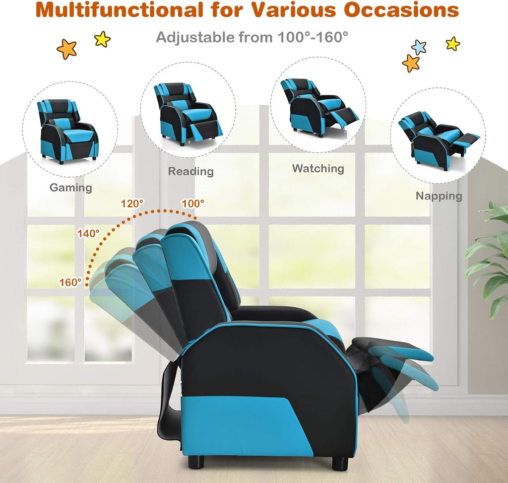 Giantex Kids Recliner, Gaming Recliner Chair with Footrest, Headrest & Lumbar Support, Ergonomic Leather Lounge Chair Toddler Furniture, Adjustable Racing Style Recliner Sofa for Boys Girls, Blue