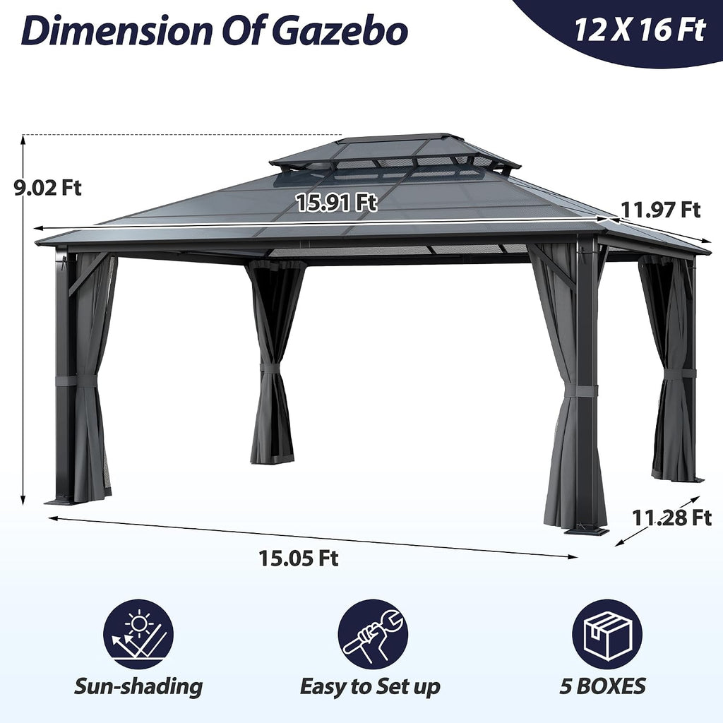 12' x 16' Hardtop Gazebo, Outdoor Polycarbonate Double Roof Gazebo with Metal Frame Permanent Pavilion with Netting& Curtains for Garden, Patio