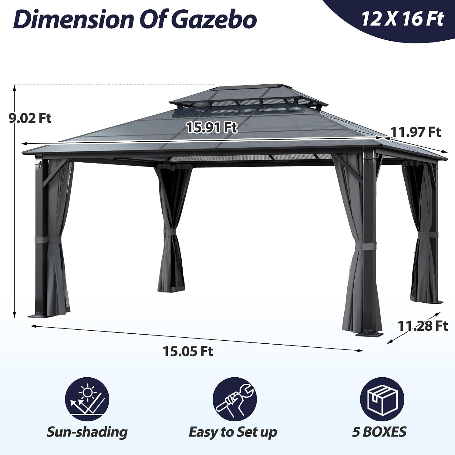12' x 16' Hardtop Gazebo, Outdoor Polycarbonate Double Roof Gazebo with Metal Frame Permanent Pavilion with Netting& Curtains for Garden, Patio