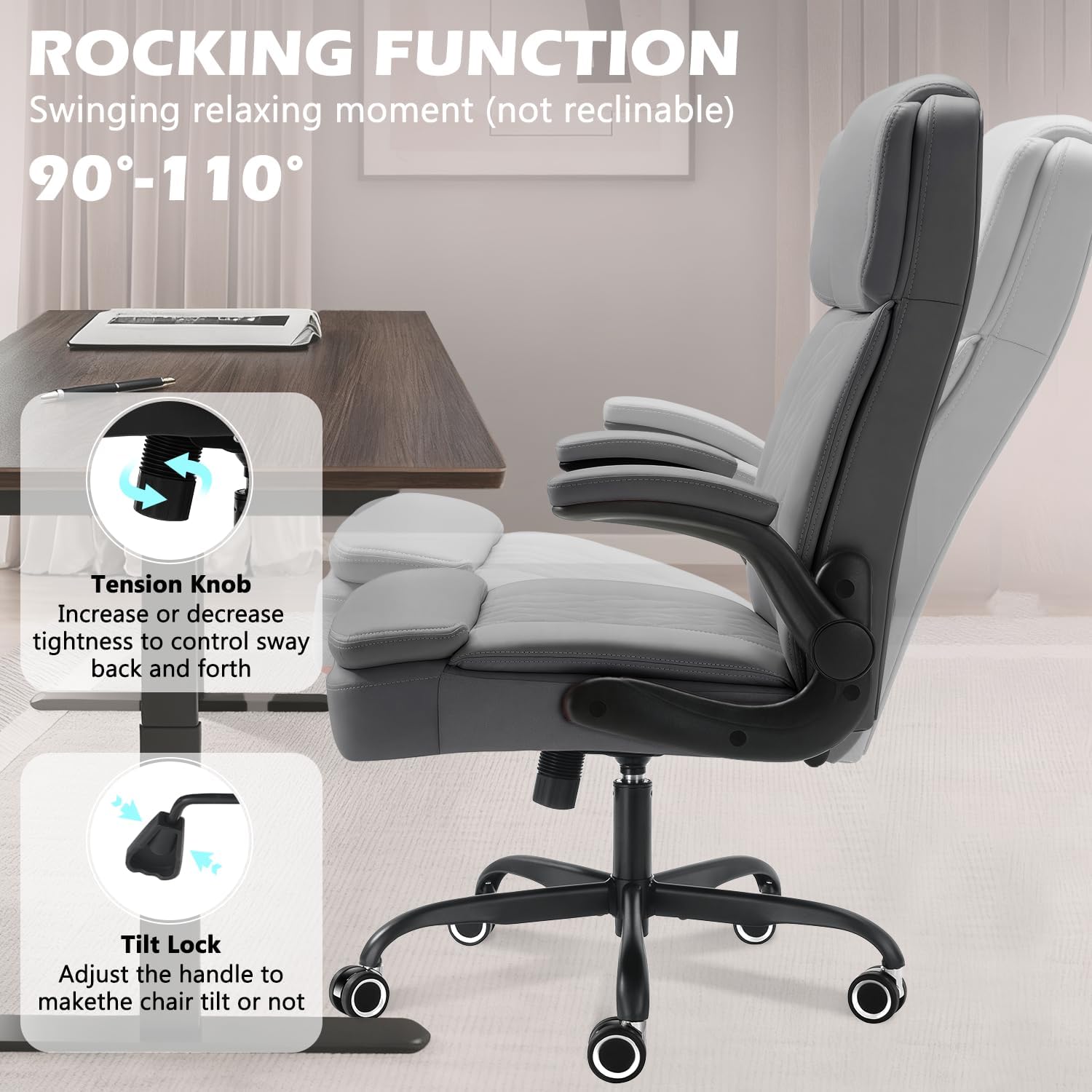 450 LBS Big and Tall Executive Office Chair with Flip up Arm, Heavy Duty Leather Computer Desk Chair,Comfortable High Back Swivel Home Office Chair with Rolling for Adults (Gray)