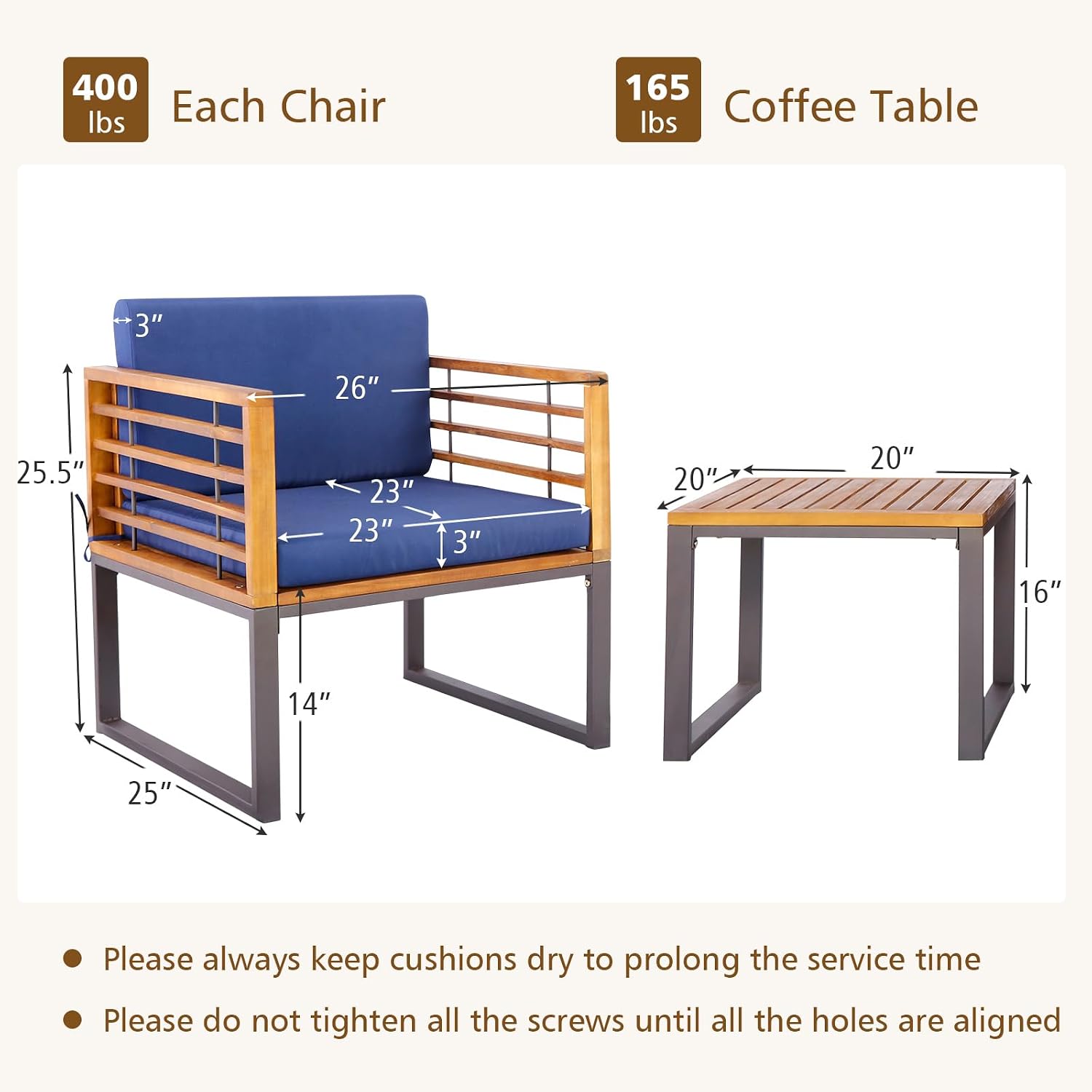 Tangkula 3 Pieces Acacia Wood Patio Bistro Set, Outdoor Conversation Set with Cushioned Armchairs and Square Coffee Table, Patio Furniture Set for Porch, Deck, Balcony