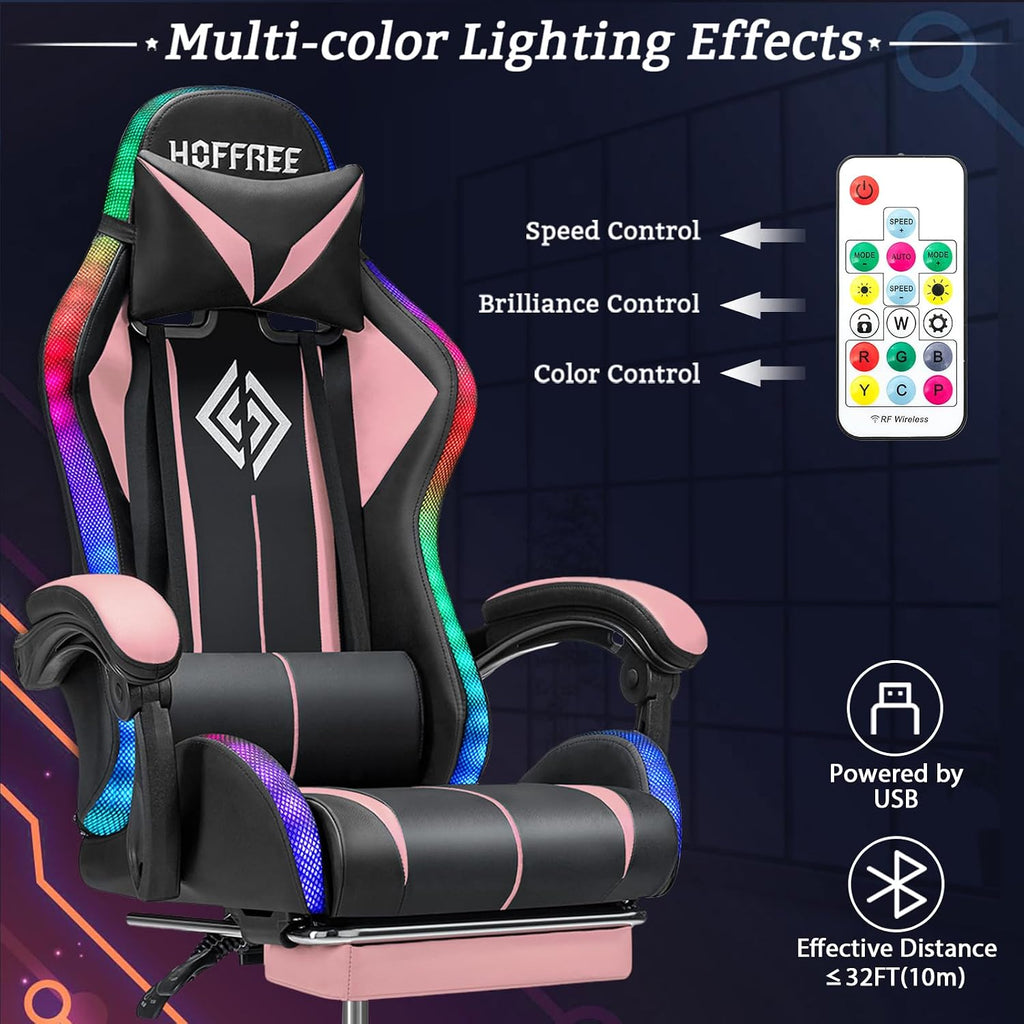 Gaming Chair with Speakers and Lights Ergonomic Computer Gaming Chair with Footrest LED RGB Lights Massage High Back Music Video Game Chair with Lumbar Support Pink and Black