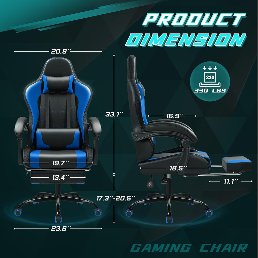 Gaming Chair with RGB, Computer Gaming Chairs with LED Lights and Footrest for Home, Office, Blue and Black