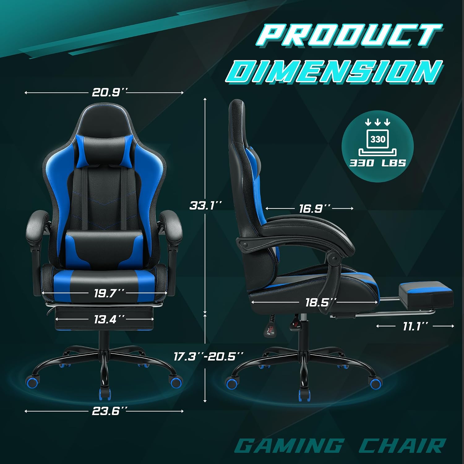 Gaming Chair with RGB, Computer Gaming Chairs with LED Lights and Footrest for Home, Office, Blue and Black
