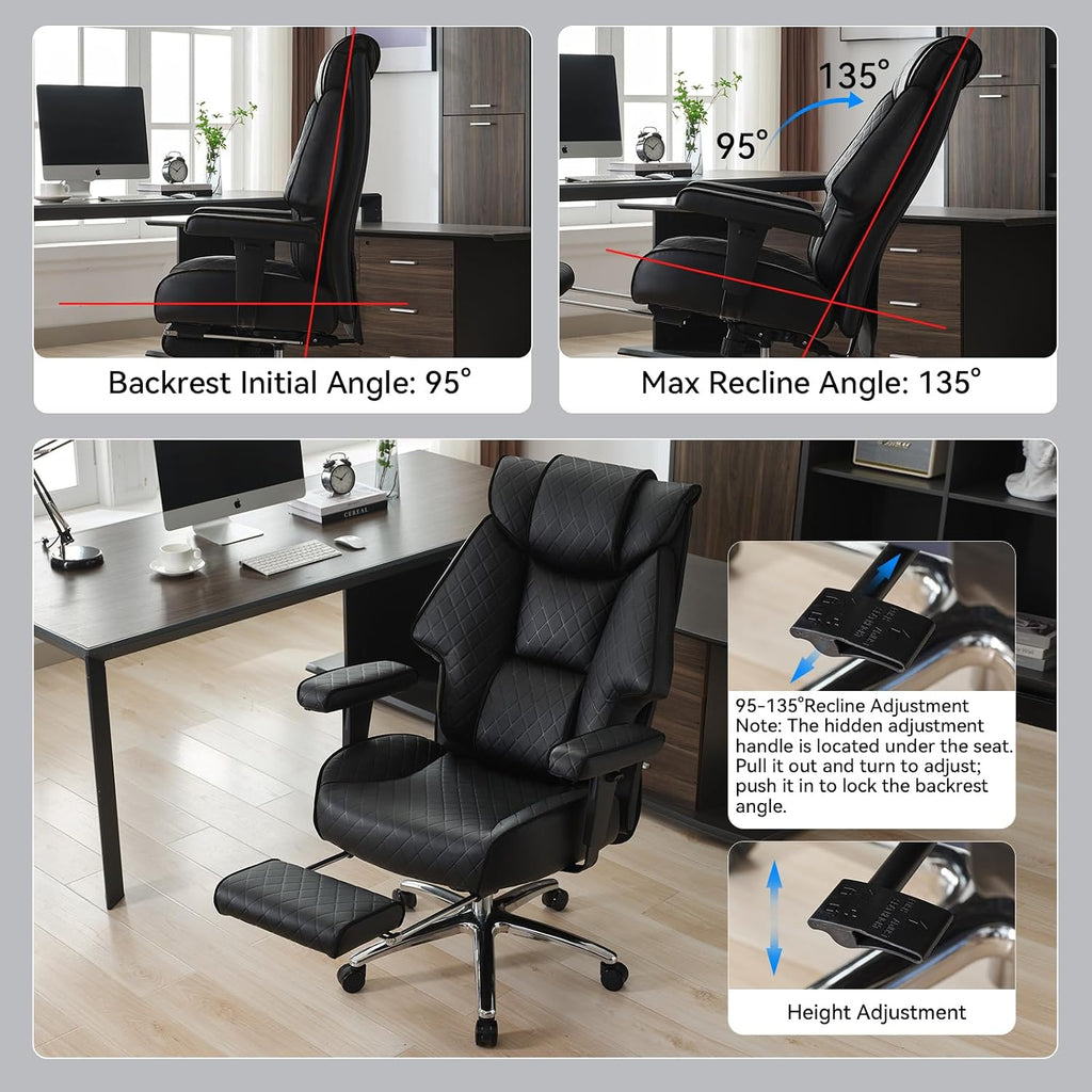 EXCEBET Big and Tall Office Chair with Footrest, PU Leather High Back Executive Office Chair 400lbs, Ergonomic Computer Chairs Lumbar Support for Heavy People (All Black)