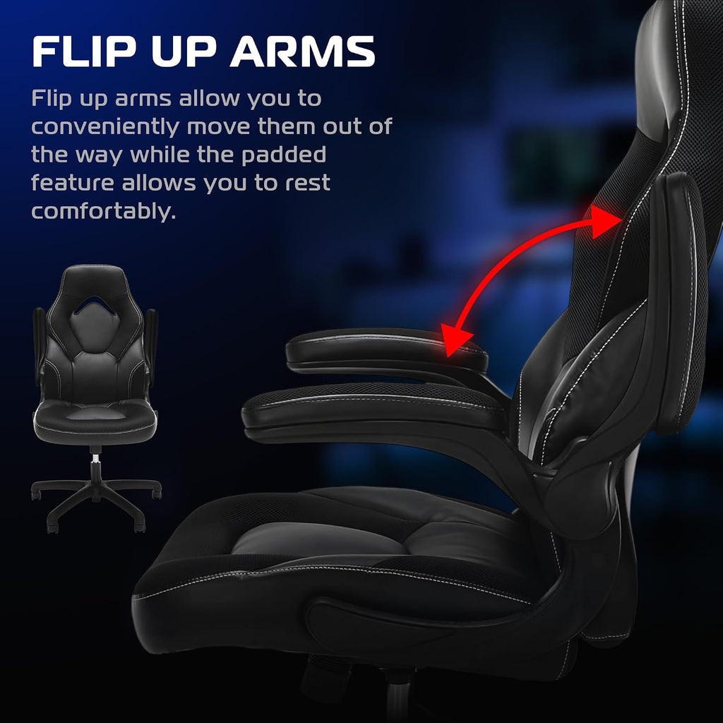 RESPAWN 3085 Ergonomic Gaming Chair for Adults, High Back Office Chair with Headrest and Flip Up Arms, Leather Racing Style Gaming Seat with Lumbar Support, Video Game Computer Desk Seat - Black